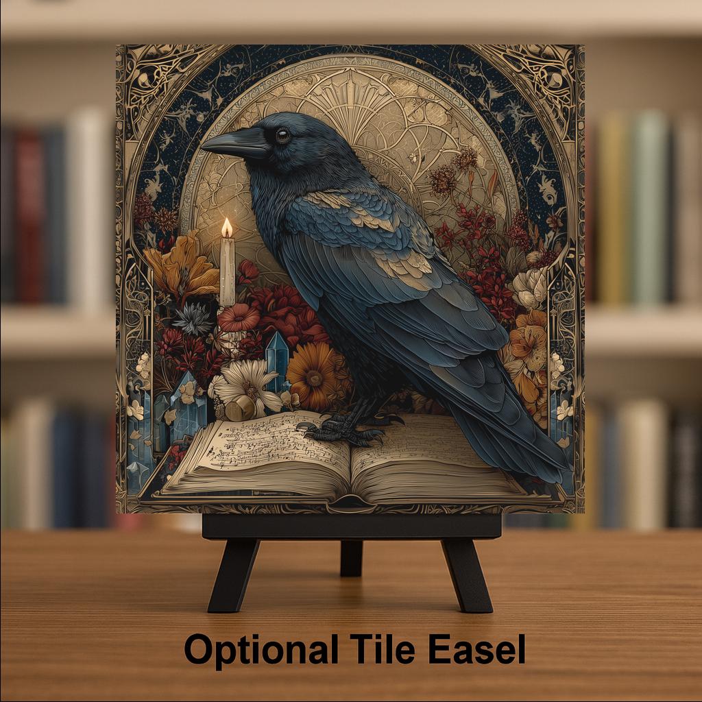 Raven and Spellbook Ceramic Art Tile: Dark Academia Bookshelf Book Nook Wall Decor Gothic Gift for Her Witchy Home Decor