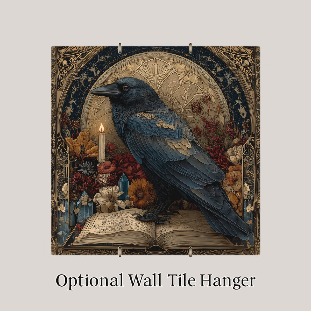 Raven and Spellbook Ceramic Art Tile: Dark Academia Bookshelf Book Nook Wall Decor Gothic Gift for Her Witchy Home Decor
