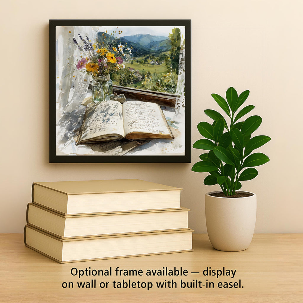 Book and Wildflowers Ceramic Art Tile: Cottagecore Bookshelf Book Nook Wall Decor Gift for Her Garden Reader Home Decor