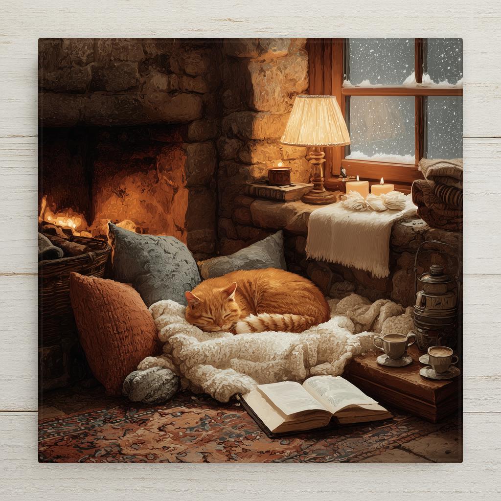 Whimsical painterly ceramic art tile featuring a sleeping orange tabby cat curled on a cream blanket beside a glowing fireplace with open vintage book, teacup, and snowy window in warm amber, ember orange, and cream cottagecore palette. Cozy reader and cat lover decor with optional tile wall hanger, easel stand, cork backing, or premium frame.