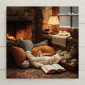 Whimsical painterly ceramic art tile featuring a sleeping orange tabby cat curled on a cream blanket beside a glowing fireplace with open vintage book, teacup, and snowy window in warm amber, ember orange, and cream cottagecore palette. Cozy reader and cat lover decor with optional tile wall hanger, easel stand, cork backing, or premium frame.