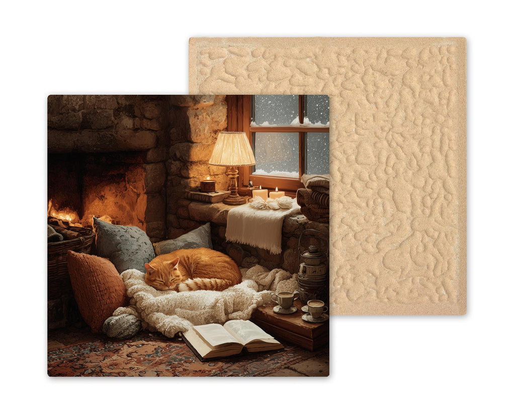 Cat Reading by Fireplace Ceramic Art Tile: Cottagecore Bookshelf Book Nook Wall Decor Gift for Her Cat Lover Home Decor
