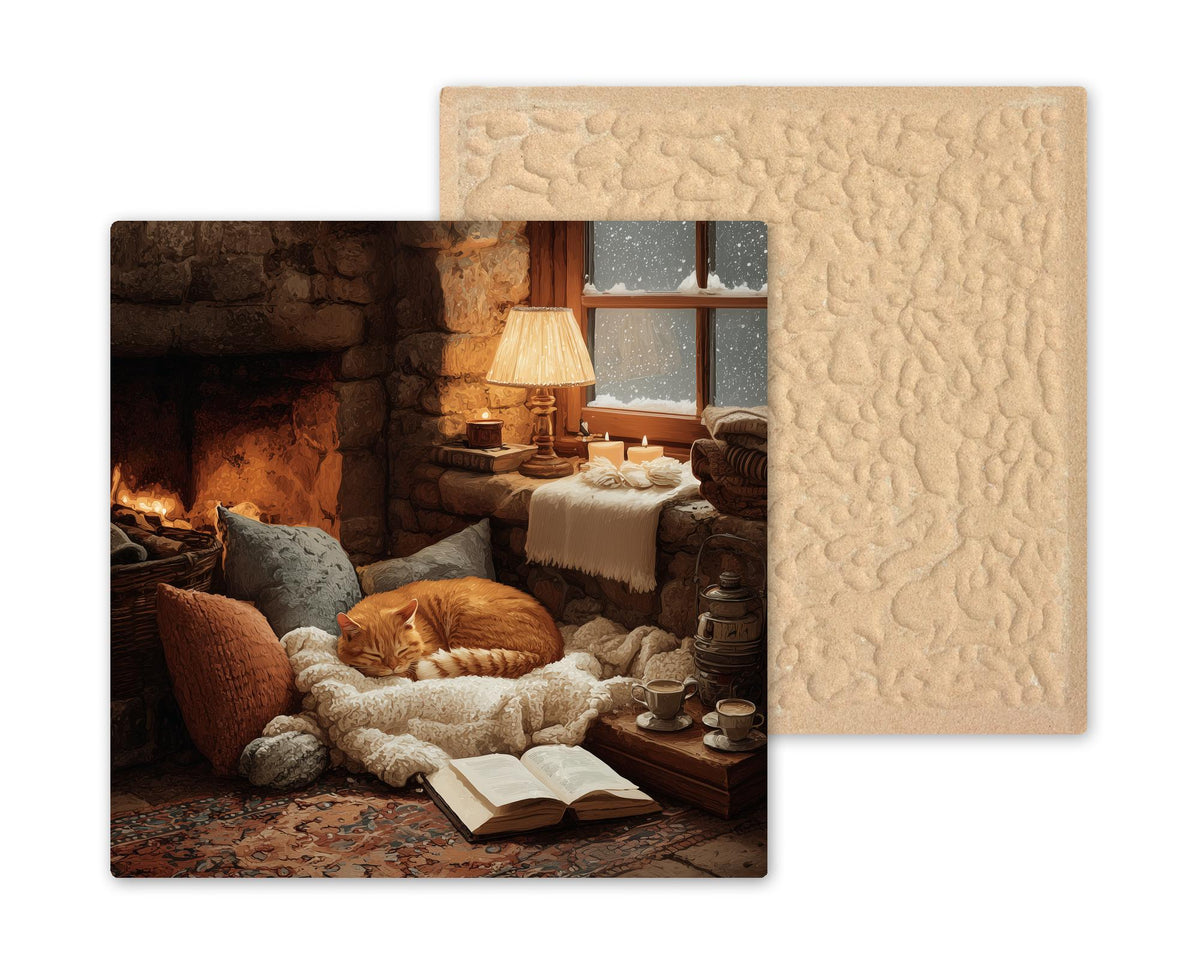 Cat Reading by Fireplace Ceramic Art Tile: Cottagecore Bookshelf Book Nook Wall Decor Gift for Her Cat Lover Home Decor