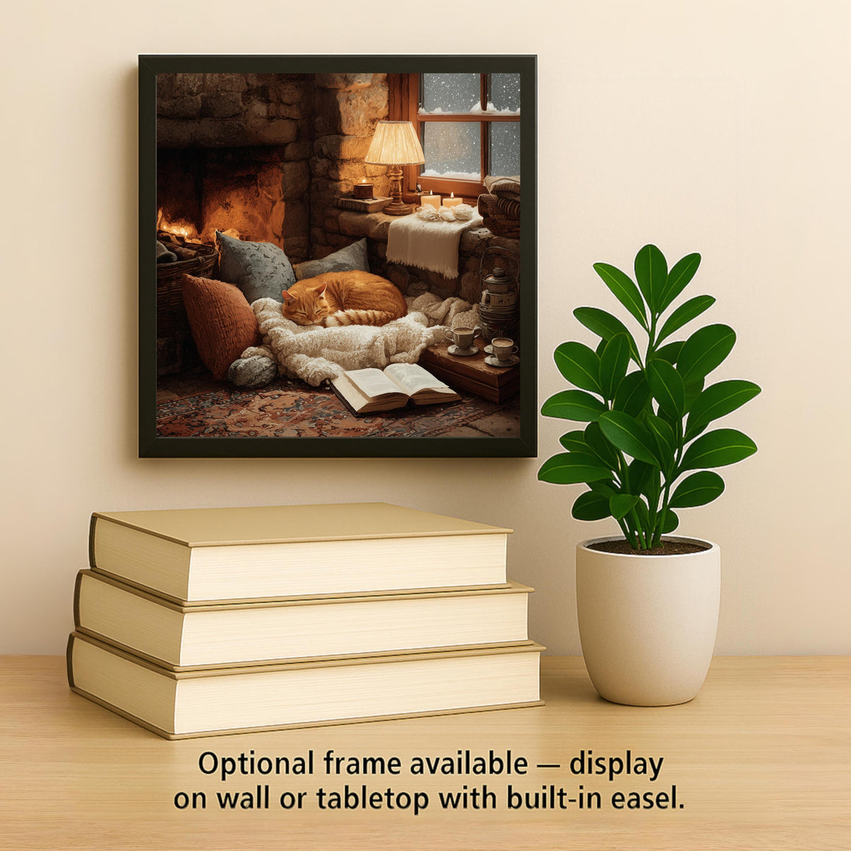Cat Reading by Fireplace Ceramic Art Tile: Cottagecore Bookshelf Book Nook Wall Decor Gift for Her Cat Lover Home Decor