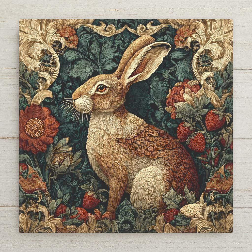 Ornate William Morris style ceramic art tile featuring a single elegant hare in profile against lush densely patterned botanical wallpaper background in deep forest green, oxblood, antique gold, and cream tones. Heritage Arts and Crafts decor with optional tile wall hanger, easel stand, cork backing, or premium frame.
