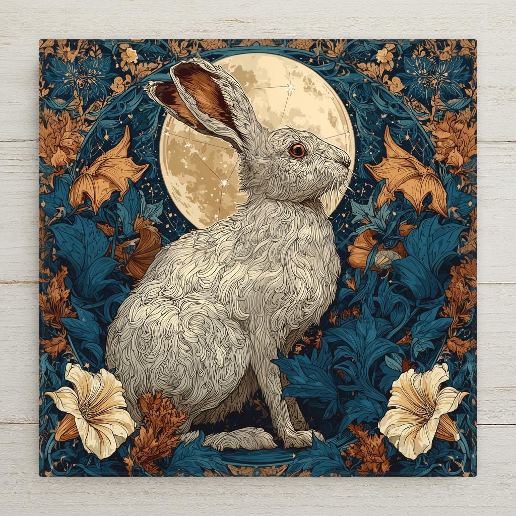 William Morris style ceramic art tile featuring a graceful hare beneath a silver full moon and starry sky with moonflowers and twilight botanicals in midnight blue, silver, antique gold, sage, and cream palette. Whimsical celestial decor with optional tile wall hanger, easel stand, cork backing, or premium frame.