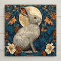 William Morris style ceramic art tile featuring a graceful hare beneath a silver full moon and starry sky with moonflowers and twilight botanicals in midnight blue, silver, antique gold, sage, and cream palette. Whimsical celestial decor with optional tile wall hanger, easel stand, cork backing, or premium frame.