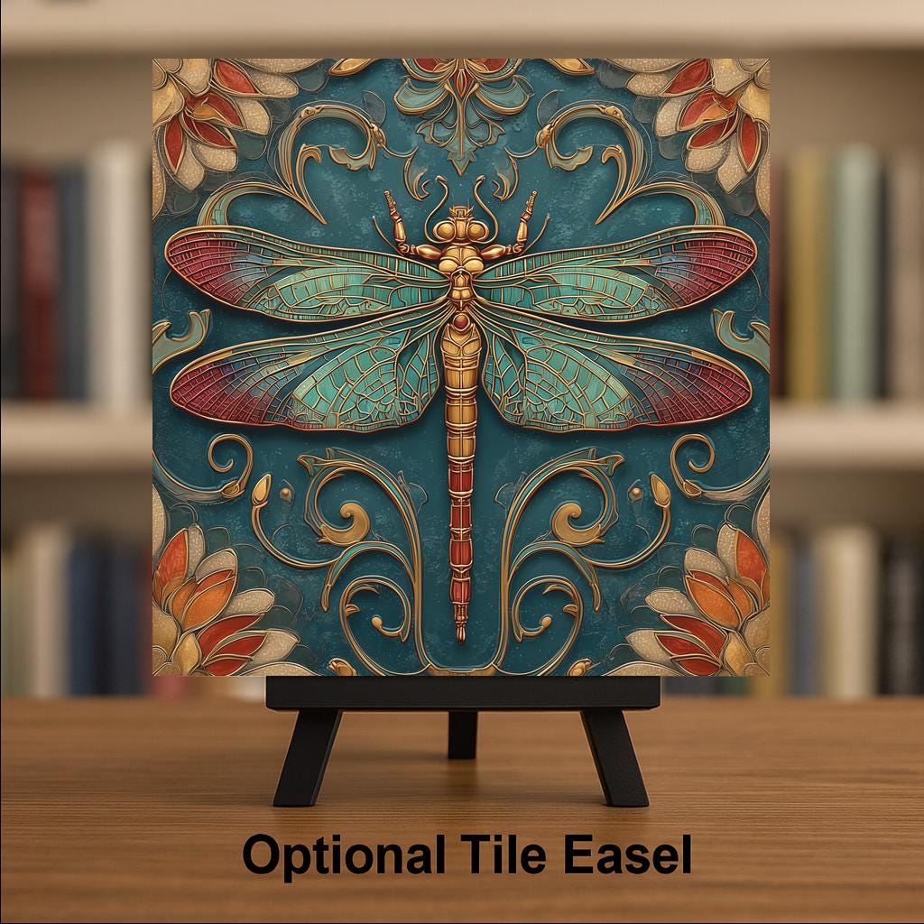 Damselfly Art Deco Ceramic Art Tile: Vintage Bronze Art Nouveau Wall Decor Gallery Home Decor Insect Lover Gift Retro 1920s