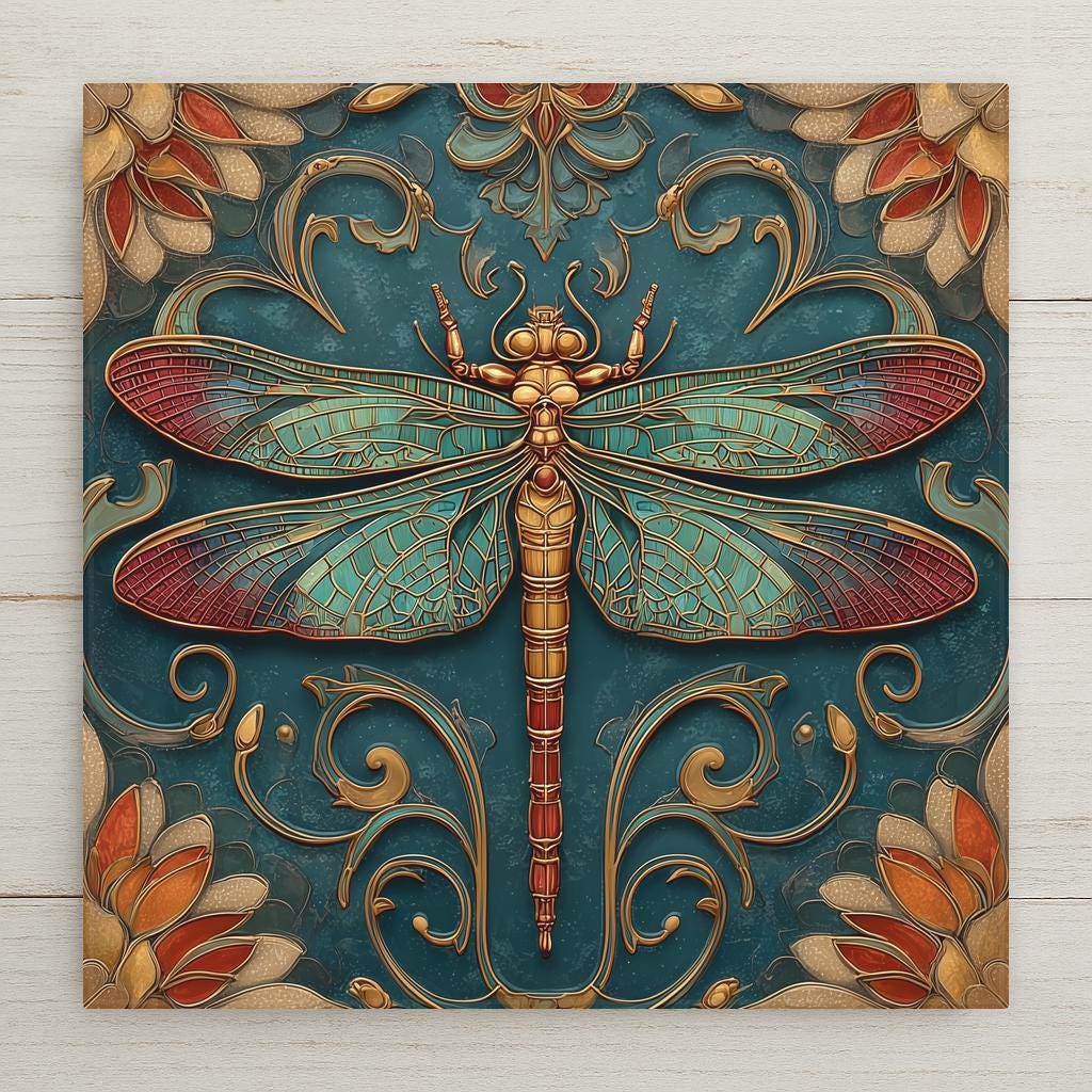 Art Deco ceramic art tile featuring a single elegant damselfly with slender body and wings at rest against vintage bronze patina background with antique gold accents and stylized water-reed filigree in 1920s vintage bronze, oxidized copper, soft amber, and oxblood palette. Heritage insect decor with optional tile wall hanger, easel stand, cork backing, or premium frame.