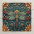 Art Deco ceramic art tile featuring a single elegant damselfly with slender body and wings at rest against vintage bronze patina background with antique gold accents and stylized water-reed filigree in 1920s vintage bronze, oxidized copper, soft amber, and oxblood palette. Heritage insect decor with optional tile wall hanger, easel stand, cork backing, or premium frame.