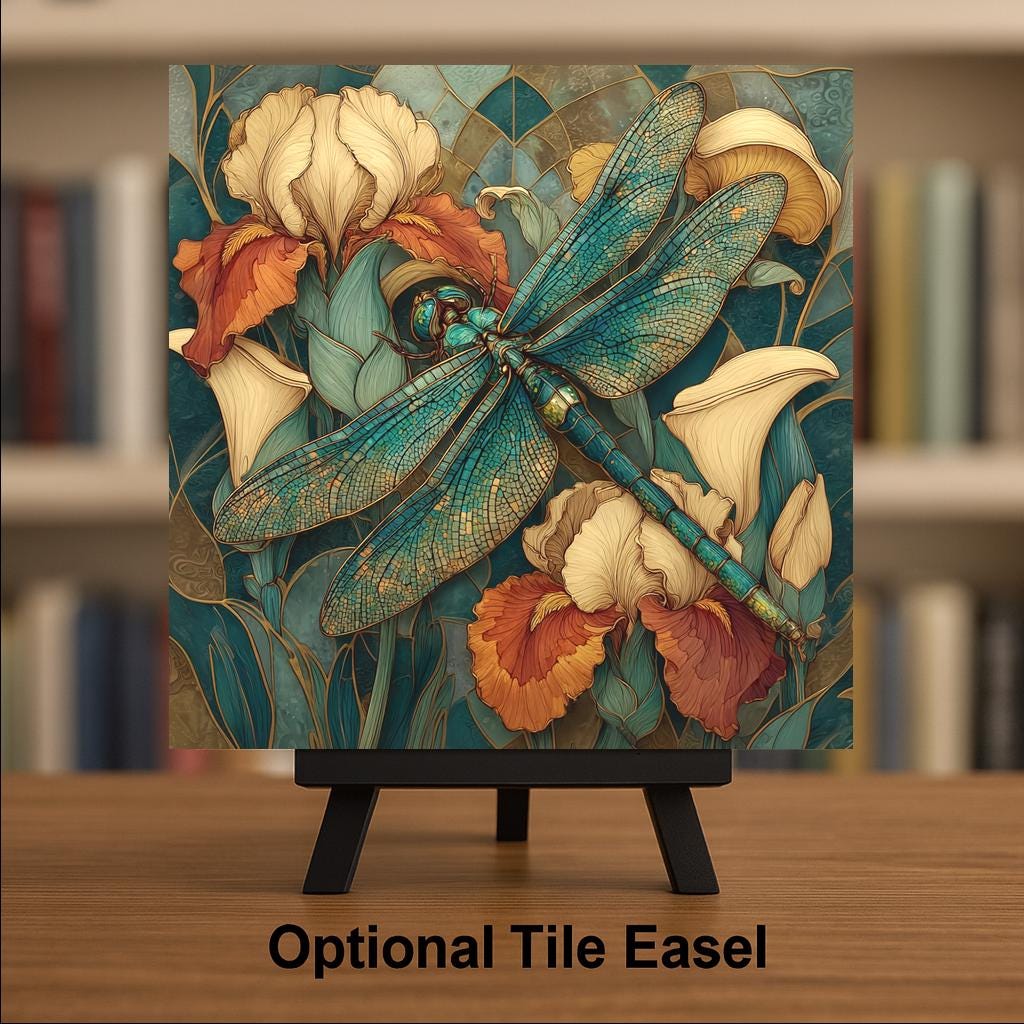 Dragonfly Florals Ceramic Art Tile: Art Deco Vintage Bronze Wall Decor Botanical Art Nouveau Gallery Home Decor Garden Gift