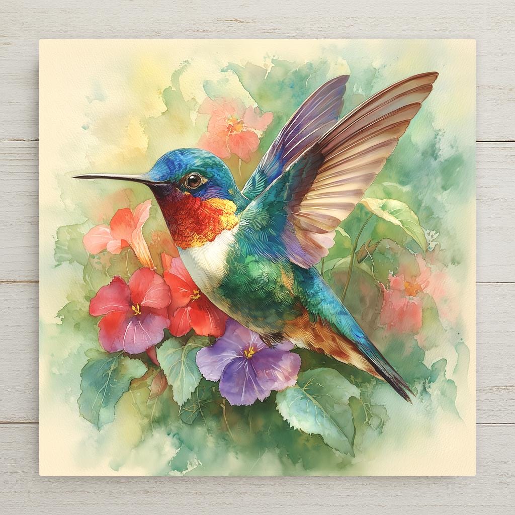 Vivid watercolor ceramic art tile featuring a single hummingbird in mid-flight near vibrant tropical flowers with jewel-toned iridescent feathers in emerald green, ruby red, sapphire blue, and golden amber against a lush soft watercolor garden background. Colorful bird lover decor with optional tile wall hanger, easel stand, cork backing, or premium frame.