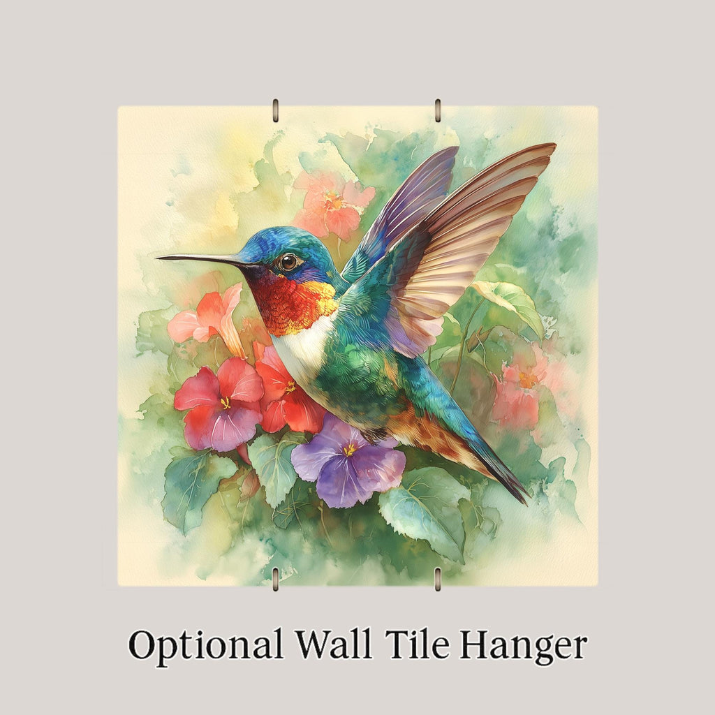 Hummingbird Ceramic Art Tile: Colorful Wall Decor Floral Garden Bird Lover Gift Home Decor Watercolor Bird Art Painting