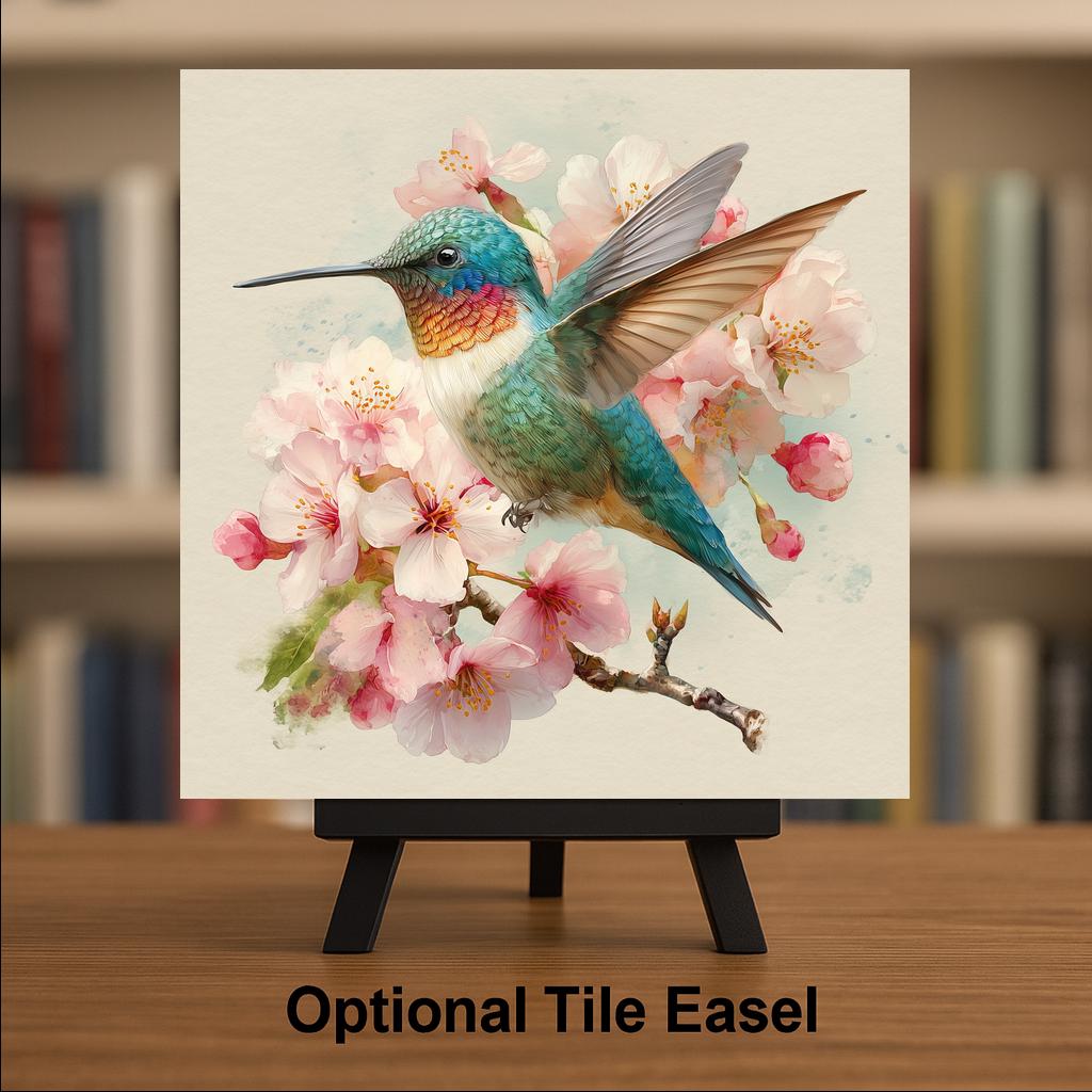 Hummingbird Cherry Blossoms Ceramic Art Tile: Colorful Spring Wall Decor Bird Lover Gift Home Decor Watercolor Bird Art