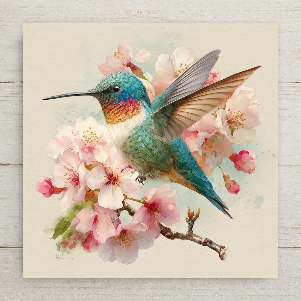 Vivid watercolor ceramic art tile featuring a hummingbird hovering near delicate cherry blossom branches with jewel-toned feathers in emerald green, ruby red, sapphire blue, and golden amber against soft pink, blush, and ivory cherry blossoms with sky blue background. Spring bird lover decor with optional tile wall hanger, easel stand, cork backing, or premium frame.