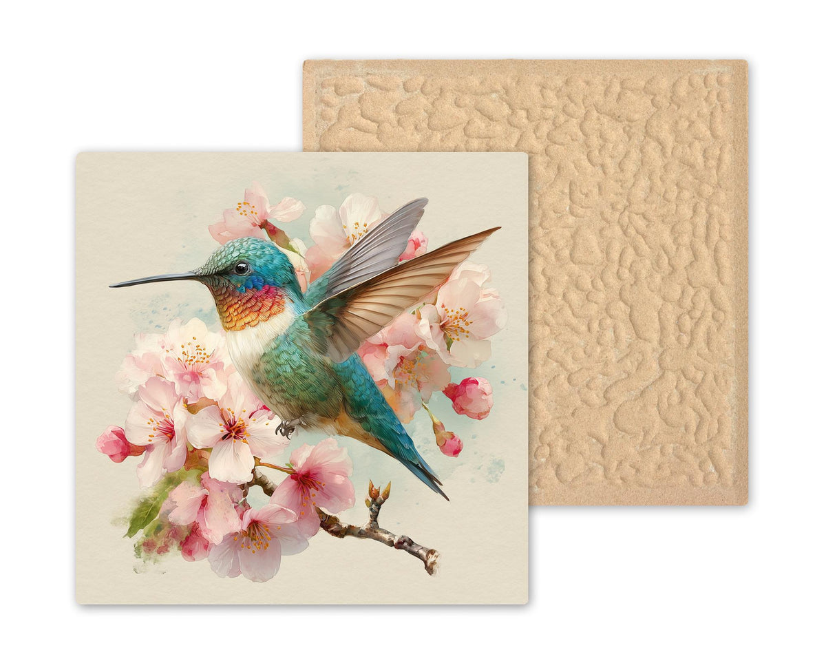 Hummingbird Cherry Blossoms Ceramic Art Tile: Colorful Spring Wall Decor Bird Lover Gift Home Decor Watercolor Bird Art