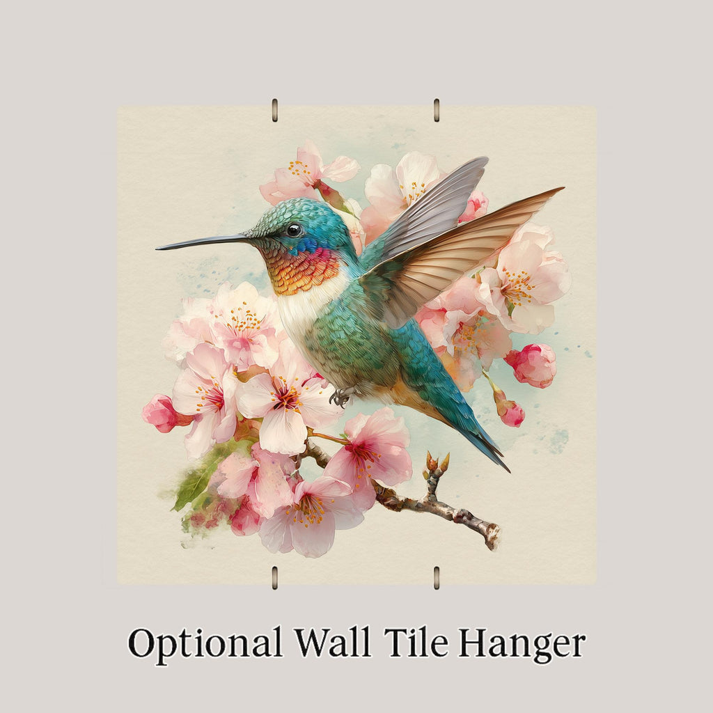 Hummingbird Cherry Blossoms Ceramic Art Tile: Colorful Spring Wall Decor Bird Lover Gift Home Decor Watercolor Bird Art