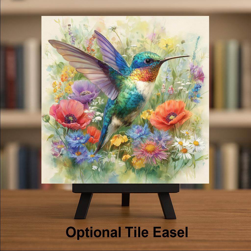 Hummingbird Wildflowers Ceramic Art Tile: Colorful Cottagecore Wall Decor Bird Lover Gift Home Decor Watercolor Bird Art