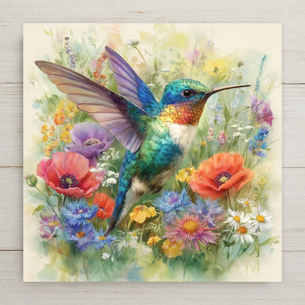 Vivid watercolor ceramic art tile featuring a hummingbird hovering among lush wildflowers including poppies, daisies, cornflowers, and cow parsley in cottagecore meadow garden style with jewel-toned feathers in emerald, ruby, sapphire, and amber against warm meadow gold and floral pastels. Cottagecore bird lover decor with optional tile wall hanger, easel stand, cork backing, or premium frame.