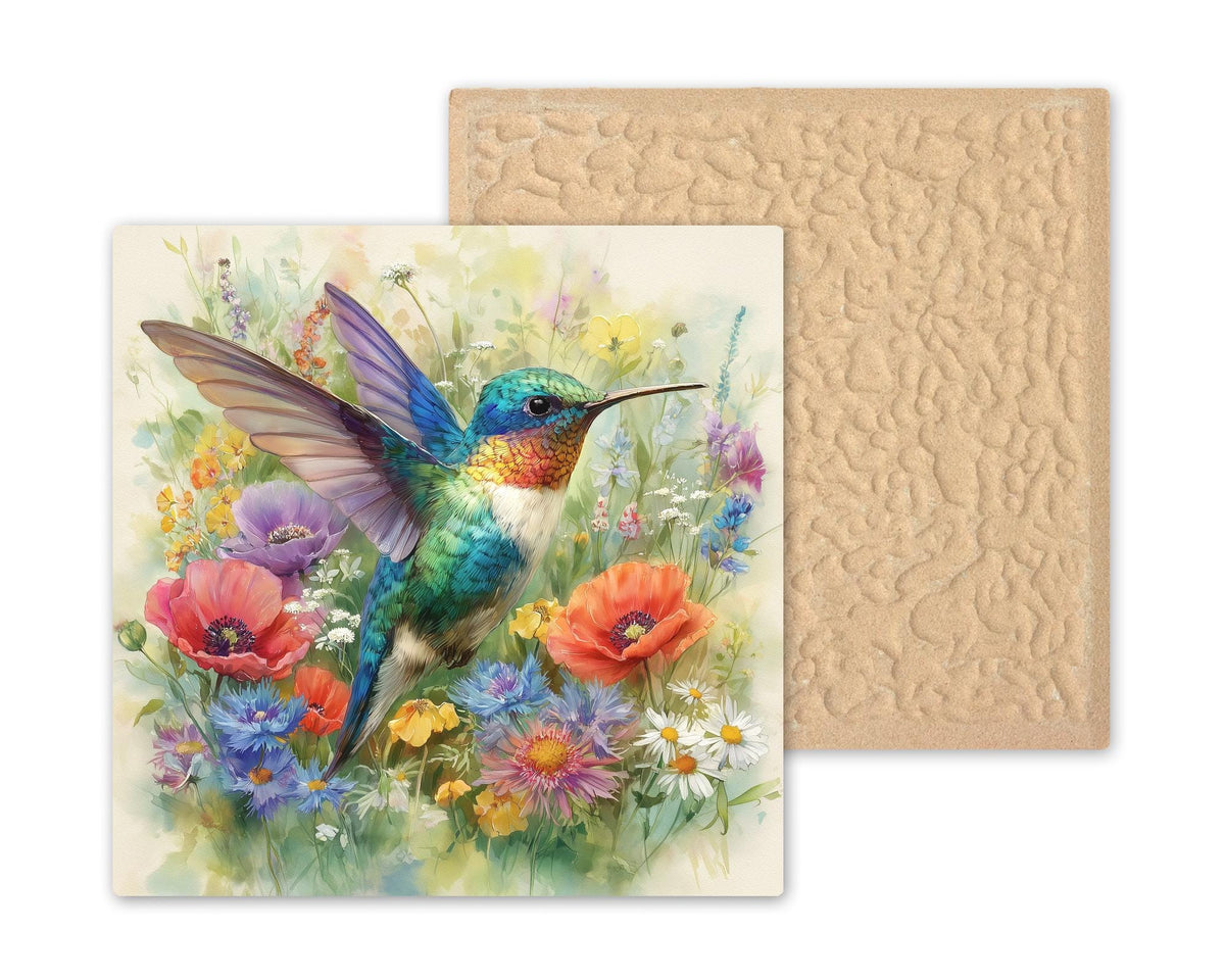 Hummingbird Wildflowers Ceramic Art Tile: Colorful Cottagecore Wall Decor Bird Lover Gift Home Decor Watercolor Bird Art