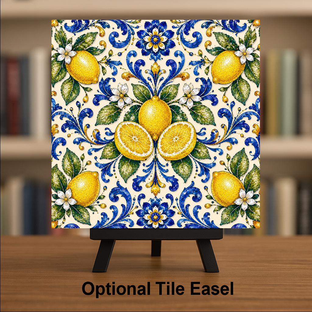 Amalfi Lemon Pattern Ceramic Tile | Italian Kitchen Wall Art | Mediterranean Majolica Tile | Sorrento Citrus Patterned Decor