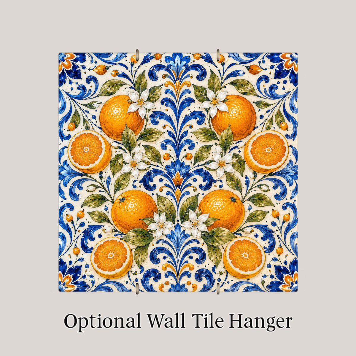 Orange Blossom Majolica Ceramic Tile | Mediterranean Kitchen Wall Art | Italian Citrus Patterned Tile | Cobalt Blue Decor