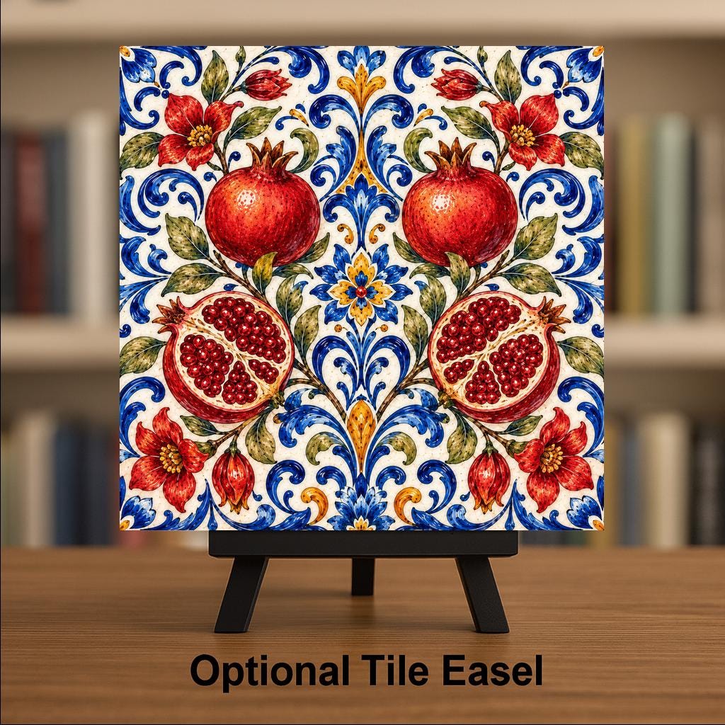 Pomegranate Wall Art Ceramic Tile Majolica Kitchen Decor Persephone Tile Red Cobalt Folk Art Pattern Backsplash Art