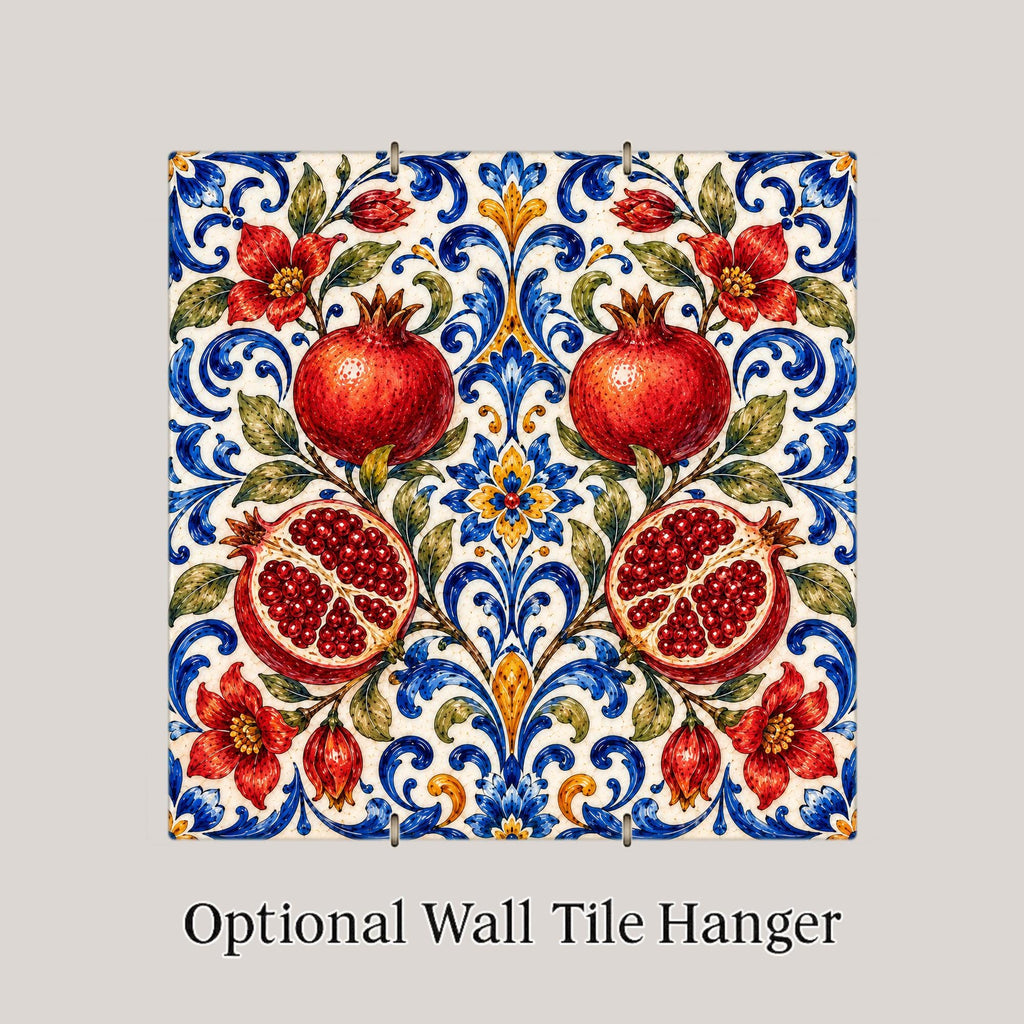 Pomegranate Wall Art Ceramic Tile Majolica Kitchen Decor Persephone Tile Red Cobalt Folk Art Pattern Backsplash Art