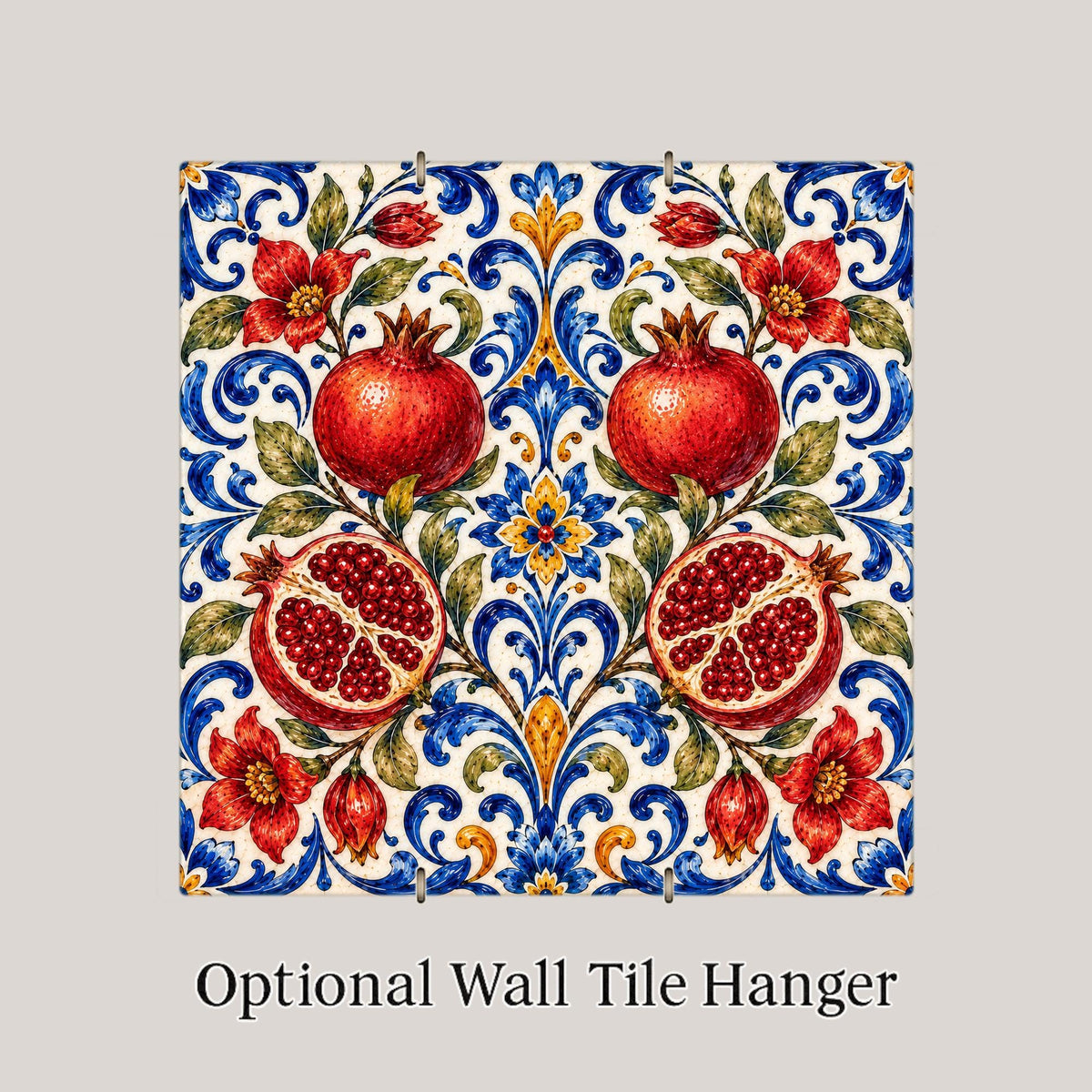 Pomegranate Wall Art Ceramic Tile Majolica Kitchen Decor Persephone Tile Red Cobalt Folk Art Pattern Backsplash Art