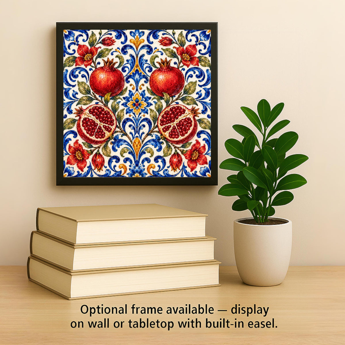 Pomegranate Wall Art Ceramic Tile Majolica Kitchen Decor Persephone Tile Red Cobalt Folk Art Pattern Backsplash Art