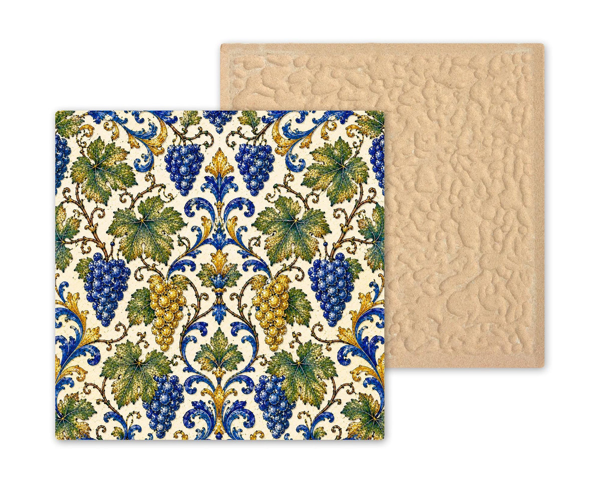 Grapevine Majolica Ceramic Tile | Tuscan Kitchen Wall Art | Italian Patterned Tile | Mediterranean Vineyard Decor