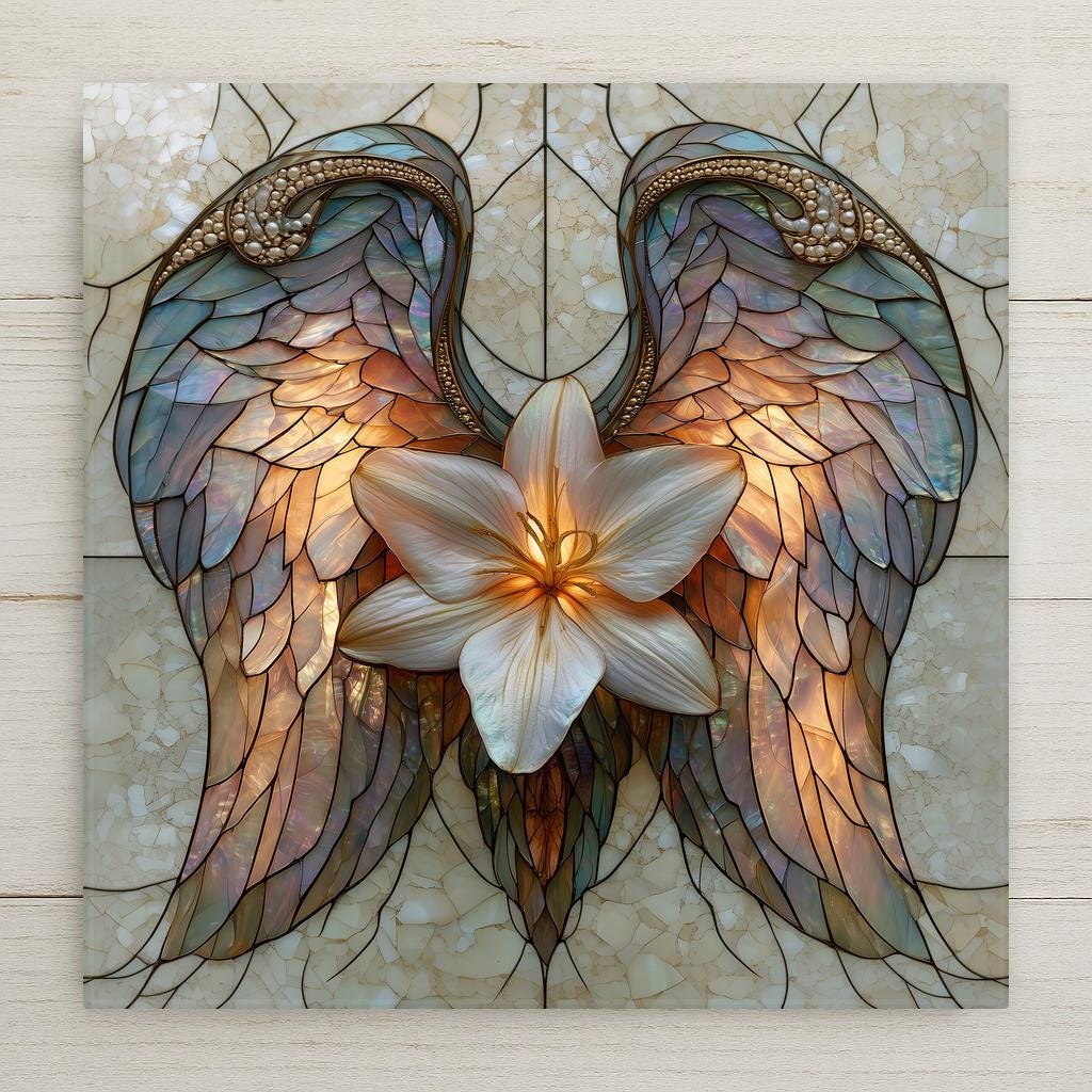 Stained glass style ceramic tile of a single white lily with golden stamens cradled between a pair of glowing pearlescent angel wings on a cream opal background.