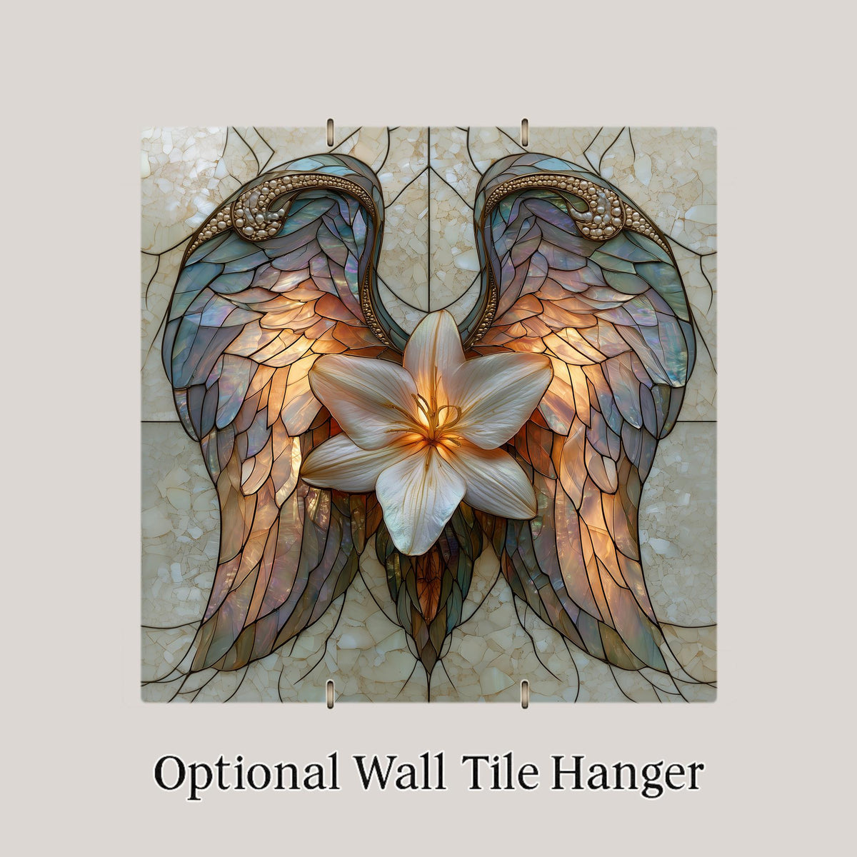Angel Wings White Lily Wall Art Ceramic Tile Sympathy Stained Glass Style Luminous Opal Glass Spiritual Decor