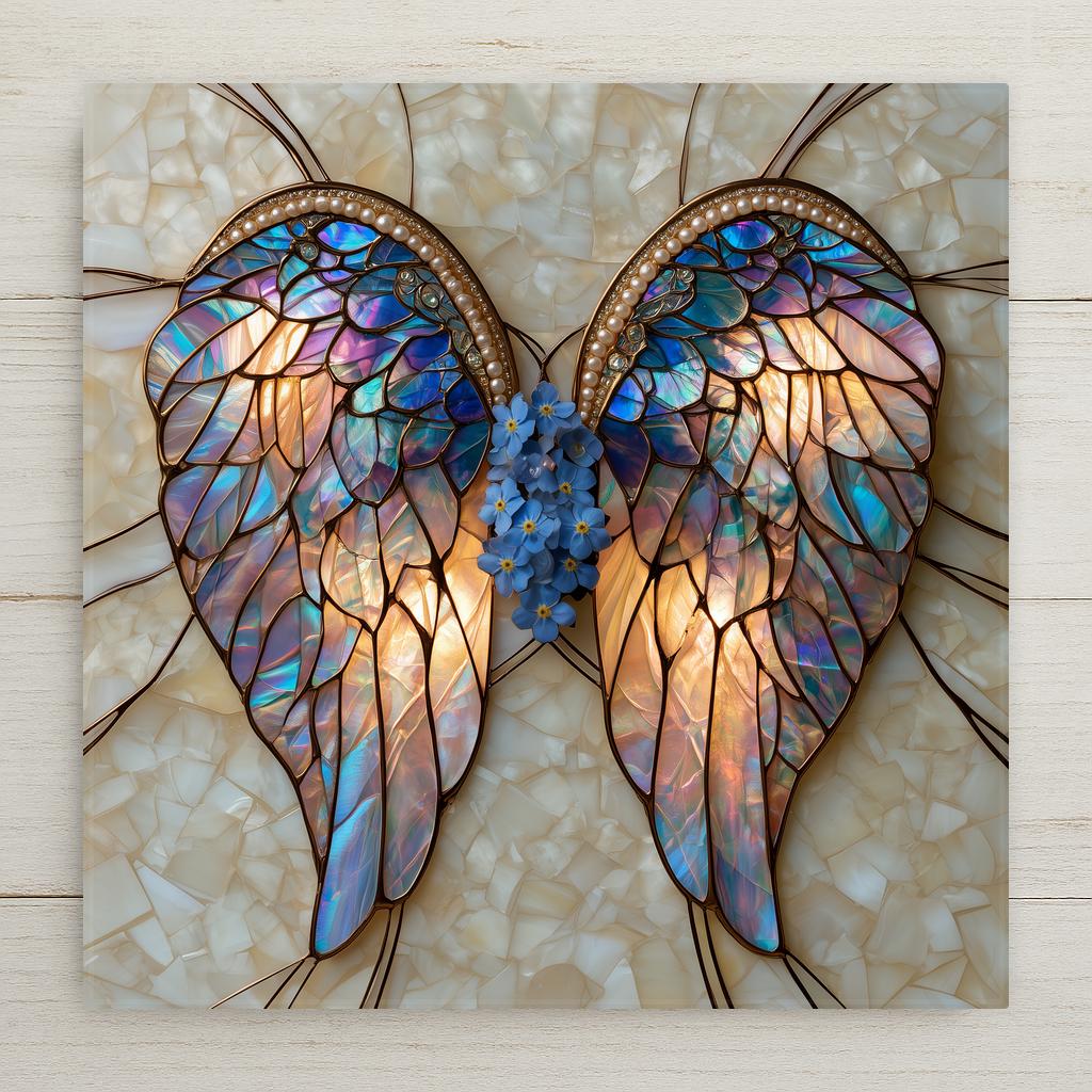 Stained glass style ceramic tile of a cluster of blue forget me not flowers between a pair of glowing pearlescent angel wings on a cream opal background.