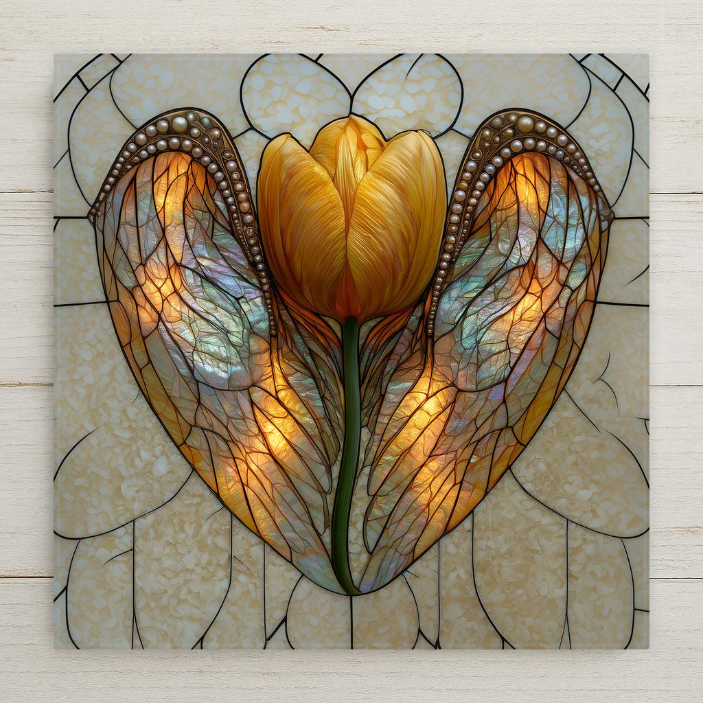 Stained glass style ceramic tile of a single bright yellow tulip between a pair of glowing pearlescent angel wings on a cream opal background.