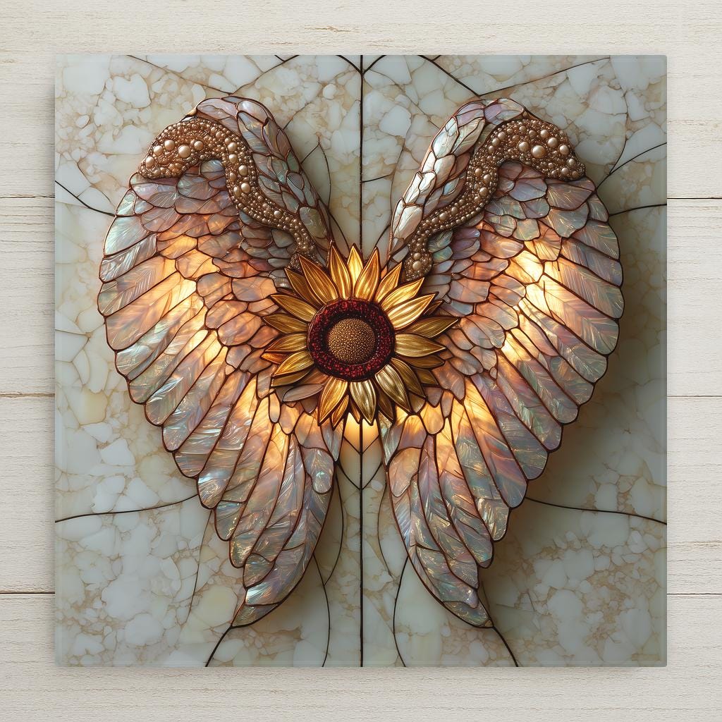Stained glass style ceramic tile of a single golden sunflower between a pair of glowing pearlescent angel wings on a cream opal background.