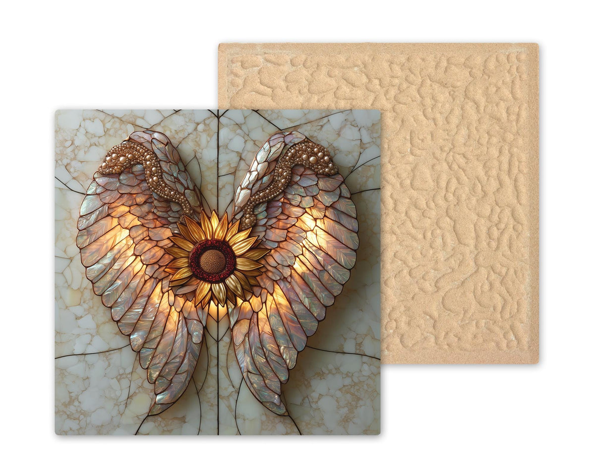 Angel Wings Sunflower Wall Art Ceramic Tile Celebration of Life Stained Glass Style Golden Opal Glass Decor