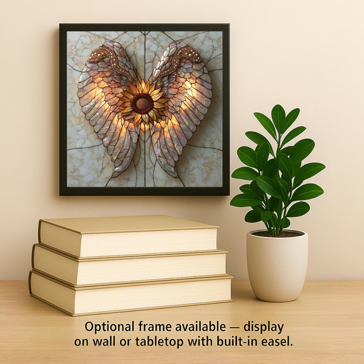 Angel Wings Sunflower Wall Art Ceramic Tile Celebration of Life Stained Glass Style Golden Opal Glass Decor