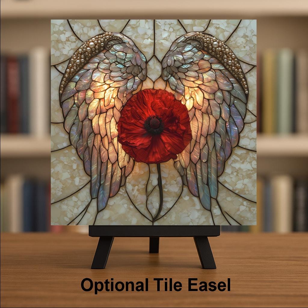 Angel Wings Red Poppy Wall Art Ceramic Tile Veteran Tribute Stained Glass Style Opal Glass Patriotic Decor