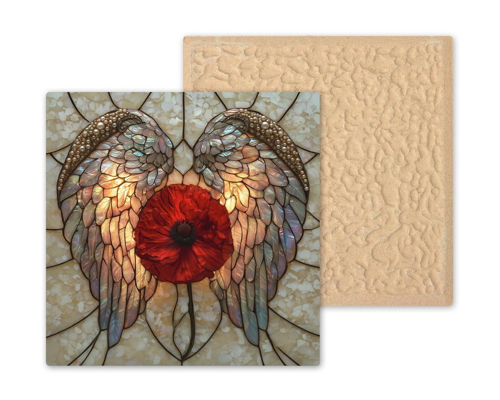 Angel Wings Red Poppy Wall Art Ceramic Tile Veteran Tribute Stained Glass Style Opal Glass Patriotic Decor
