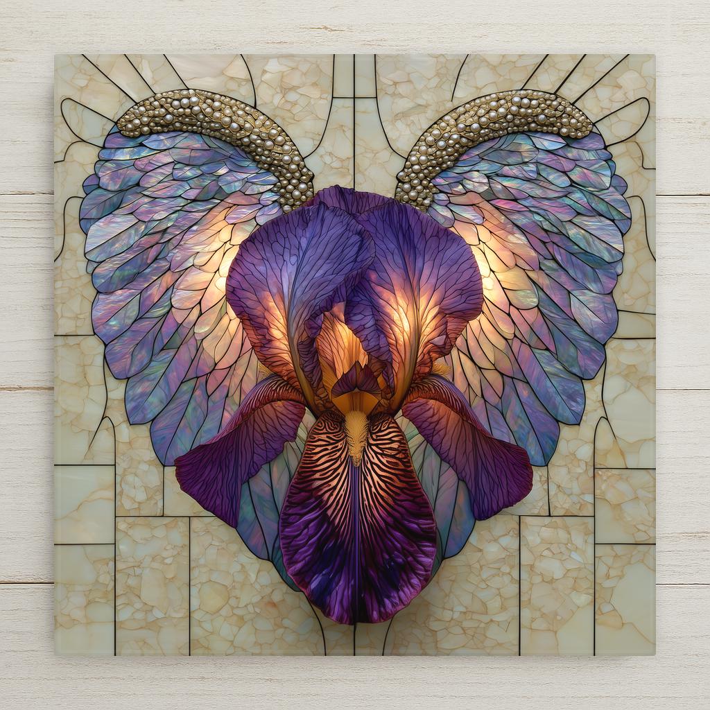 Stained glass style ceramic tile of a single purple iris between a pair of glowing pearlescent angel wings on a cream opal background.