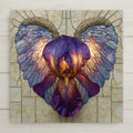 Stained glass style ceramic tile of a single purple iris between a pair of glowing pearlescent angel wings on a cream opal background.