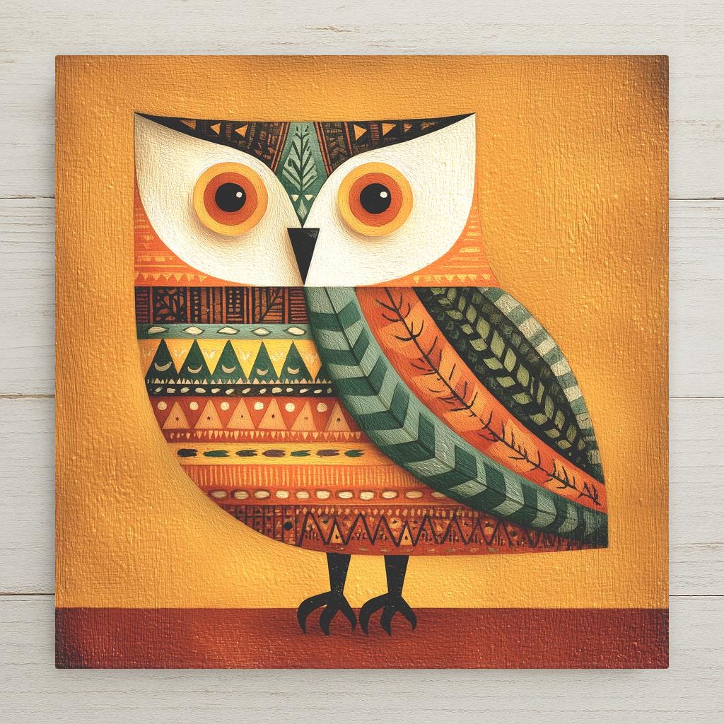 Whimsical folk art ceramic art tile featuring a single stylized owl with bold geometric body patterns and large expressive eyes in classic folk painting tradition with warm rustic palette of deep mustard, terracotta, forest green, cream, oxblood, and warm brown. Cottagecore nature lover decor with optional tile wall hanger, easel stand, cork backing, or display frame.