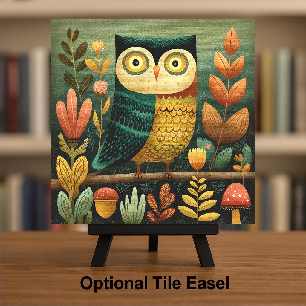 Cottagecore Owl Folk Art Ceramic Art Tile: Forest Nature Wall Decor Rustic Home Decor Owl Lover Gift Woodland Bird Art