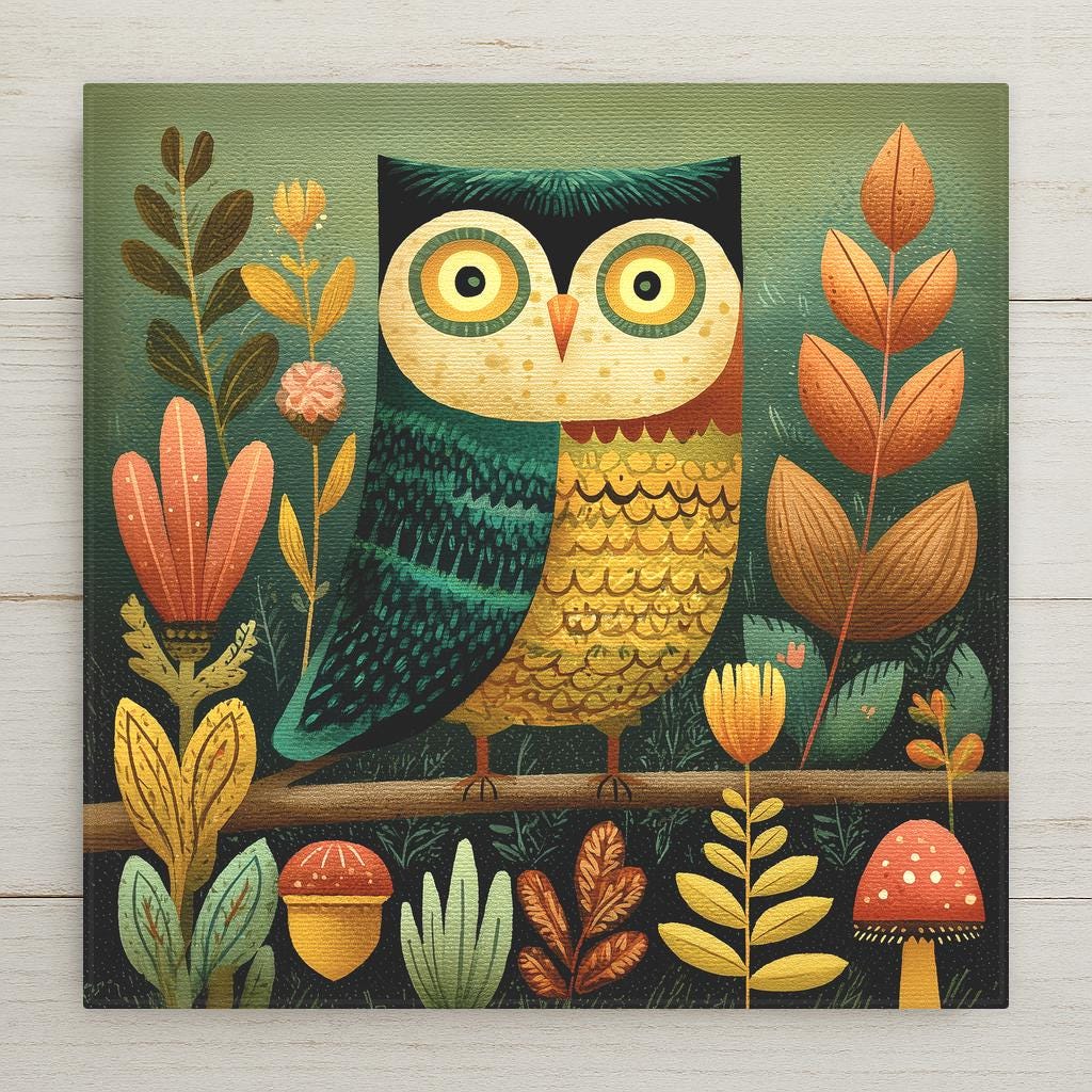 Cottagecore folk art ceramic art tile featuring a whimsical stylized owl perched on a forest branch among ferns, acorns, mushrooms, and woodland botanicals in cottagecore forest palette of deep sage, moss green, warm brown, cream, mustard, dusty pink, and amber. Woodland nature lover decor with optional tile wall hanger, easel stand, cork backing, or display frame.