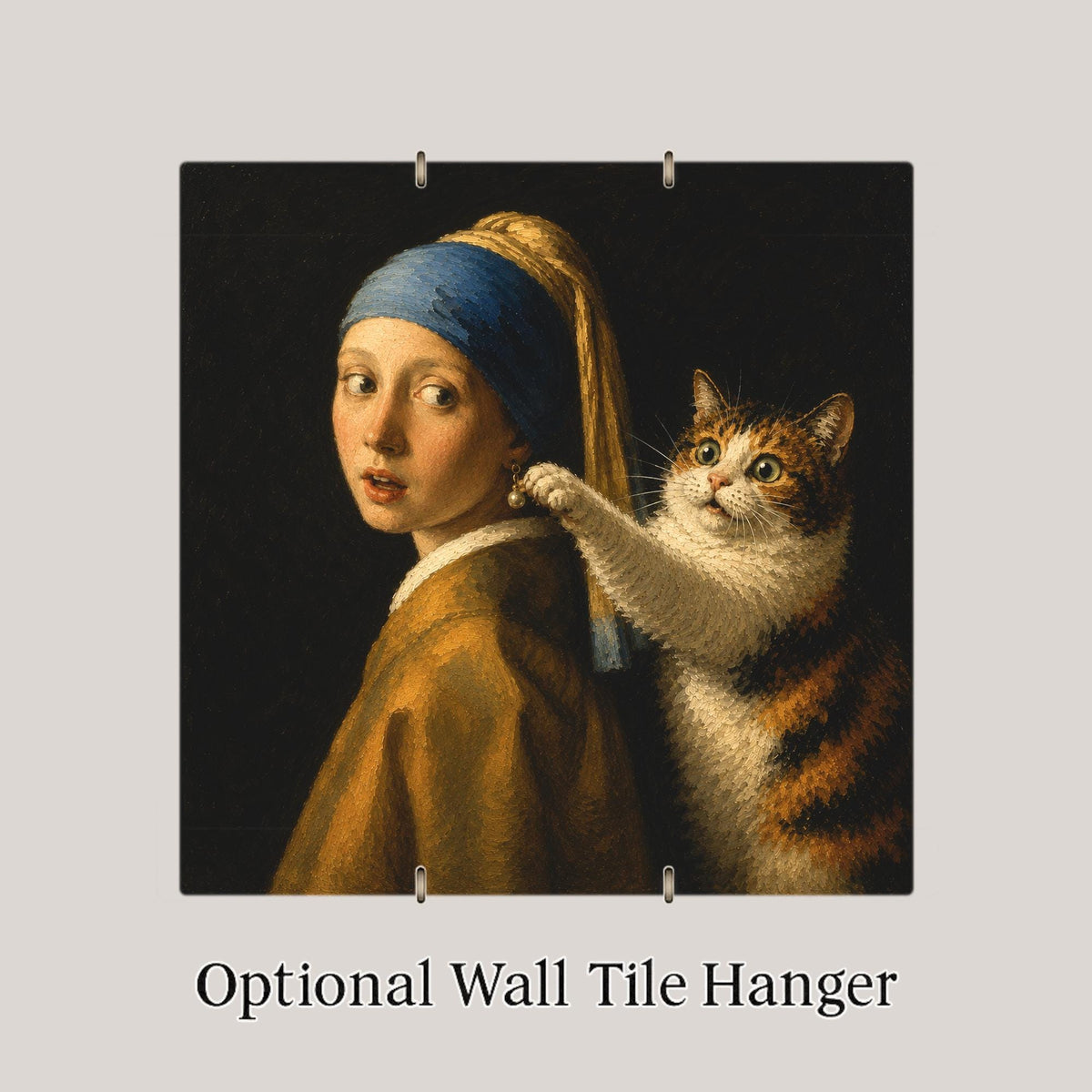 Funny Cat Ceramic Art Tile: Cat and the Pearl Earring Famous Painting Parody Wall Decor Art Lover Gift Quirky Home Decor