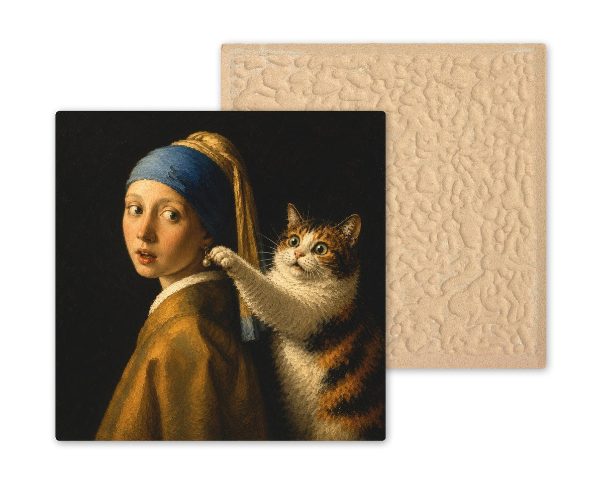 Funny Cat Ceramic Art Tile: Cat and the Pearl Earring Famous Painting Parody Wall Decor Art Lover Gift Quirky Home Decor