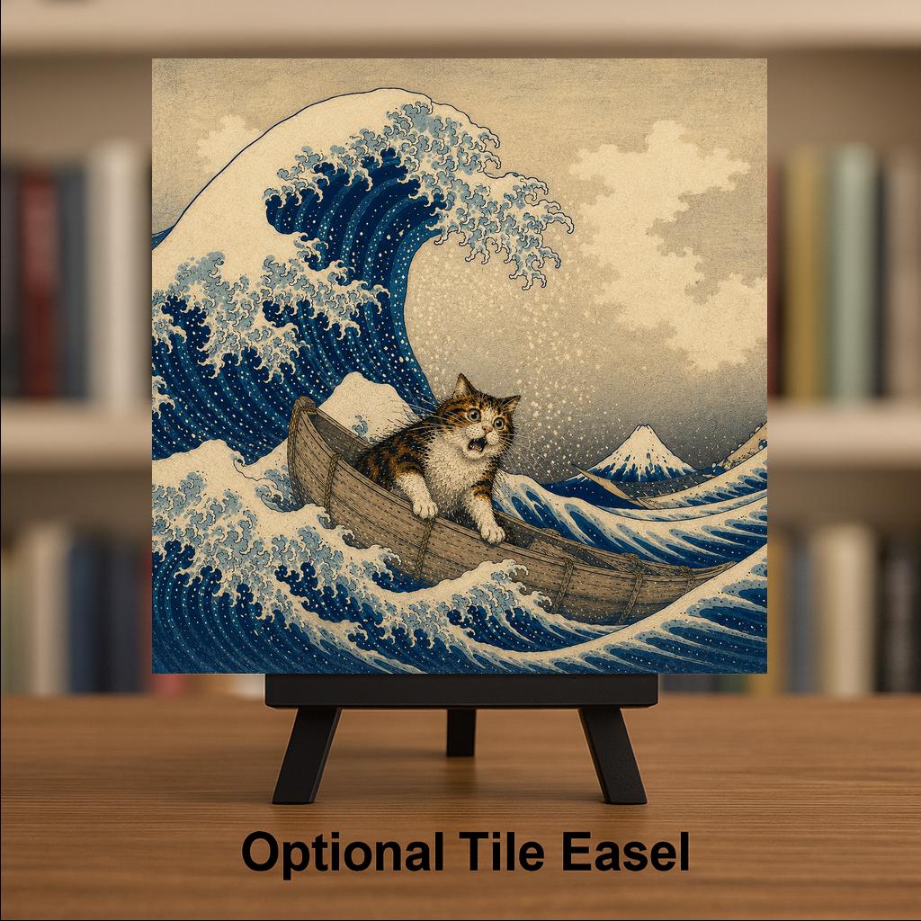 Funny Cat Ceramic Art Tile: Cat and the Great Wave Famous Painting Parody Wall Decor Art Lover Gift Quirky Home Decor Art