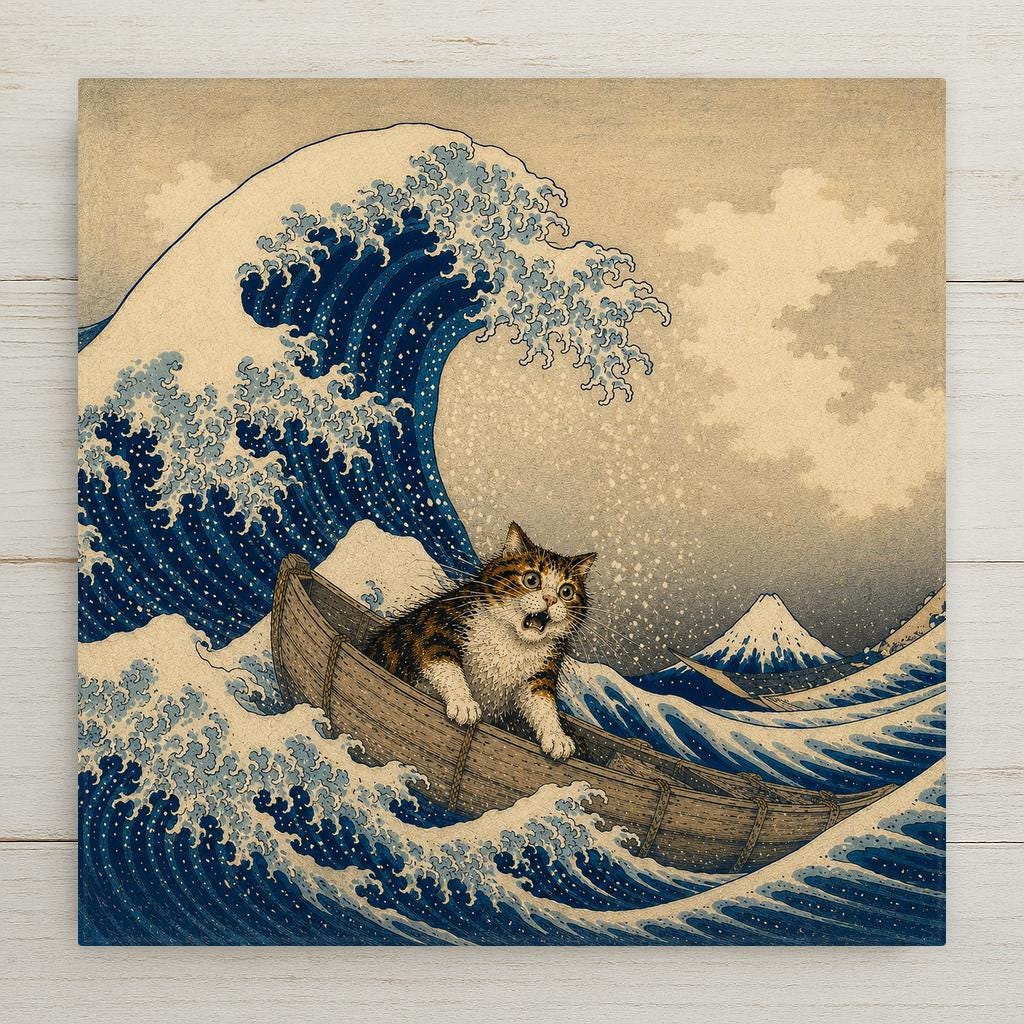 Funny ceramic art tile featuring a panicked calico cat clinging to a tiny boat as the great wave curls overhead, in classic Japanese woodblock style, in Prussian blue, white foam, and pale cream. Art history parody cat lover gift with optional tile wall hanger, easel stand, cork backing, or display frame.