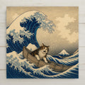 Funny ceramic art tile featuring a panicked calico cat clinging to a tiny boat as the great wave curls overhead, in classic Japanese woodblock style, in Prussian blue, white foam, and pale cream. Art history parody cat lover gift with optional tile wall hanger, easel stand, cork backing, or display frame.